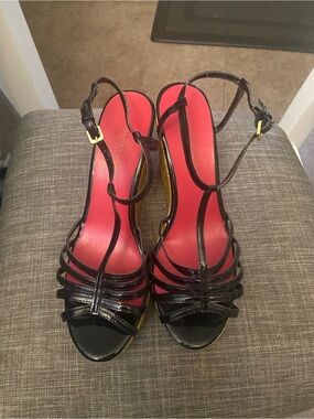 Christian Siriano Black Strappy High Heel Sandals with Red Insoles